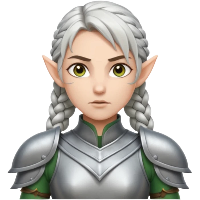battle elf, tight braid, silver armor, fierce stare emoji