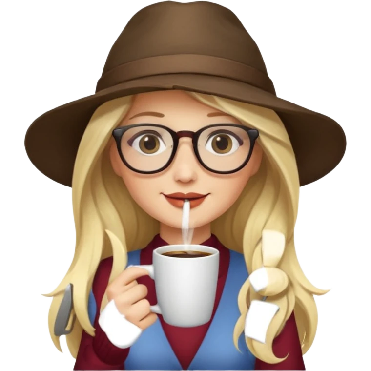 long hair blonde woman drink coffe with hat and glasses emoji