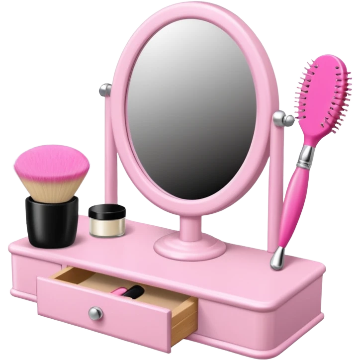 white vintage makeup vanity with pink accessories emoji