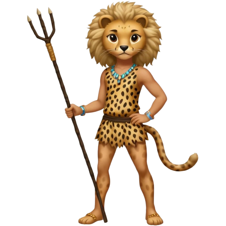 Give me a human who has hunch back and wearing cheetah print lot of hair on his body show full body and has a stick in his hand emoji