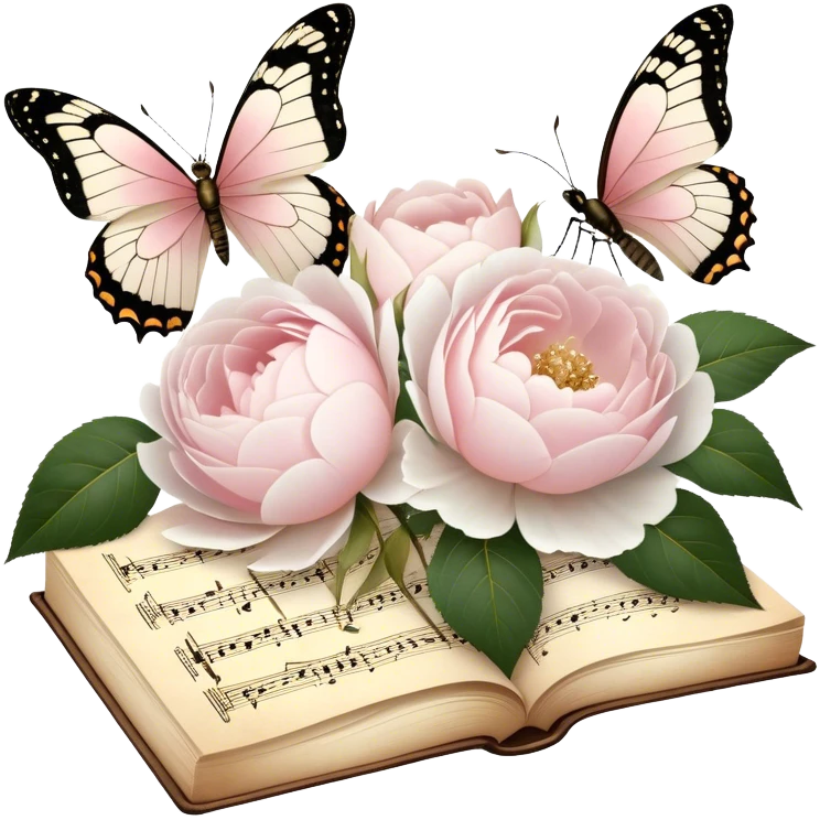 A charming antique music sheet, adorned with golden ink flourishes and pressed blush pink rose petals, resting beside a bouquet of fresh white peonies, while a pearl butterfly’s wings gently touch the delicate paper.
 emoji