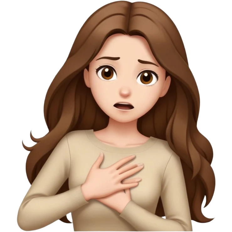 Girl with long brown hair making a dramatic gasp, hand on chest, elegant beige cartoon style emoji