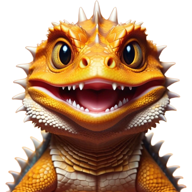 Cinematic Comical Bearded Dragon Portrait Emoji, Head tilted dramatically with an exaggeratedly amused expression, featuring a striking, glossy scaled hide with a quirky, spiky beard and wide, expressive eyes full of playful disbelief, Simplified yet hilariously expressive features, highly detailed, glowing with a slightly sassy glow, high shine, dramatic yet playful, stylized with an air of cheeky mischief, bright and endearing, soft glowing outline, capturing the essence of a spirited and over‐the‐top dragon, so meme‐worthy it feels like it could snap its jaws into internet fame instantly! emoji