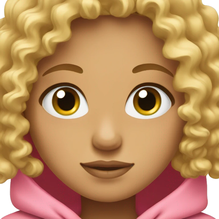 Curly girl hair with blonde hair and green eyes wearing a pink hoodie emoji