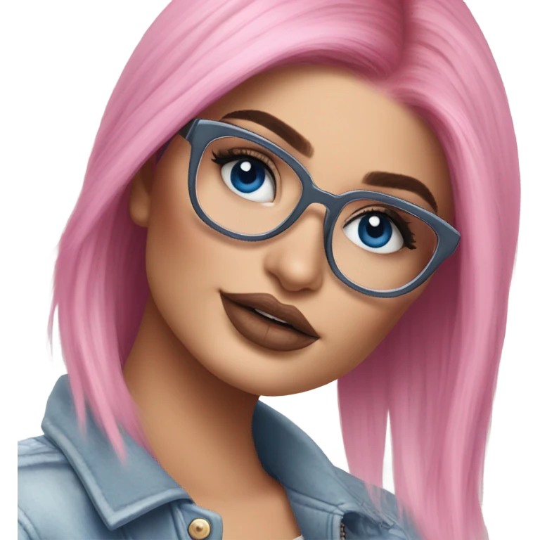 Photo Realistic kylie jenner stylish pink hair BLUE eyes and glasses happy  emoji