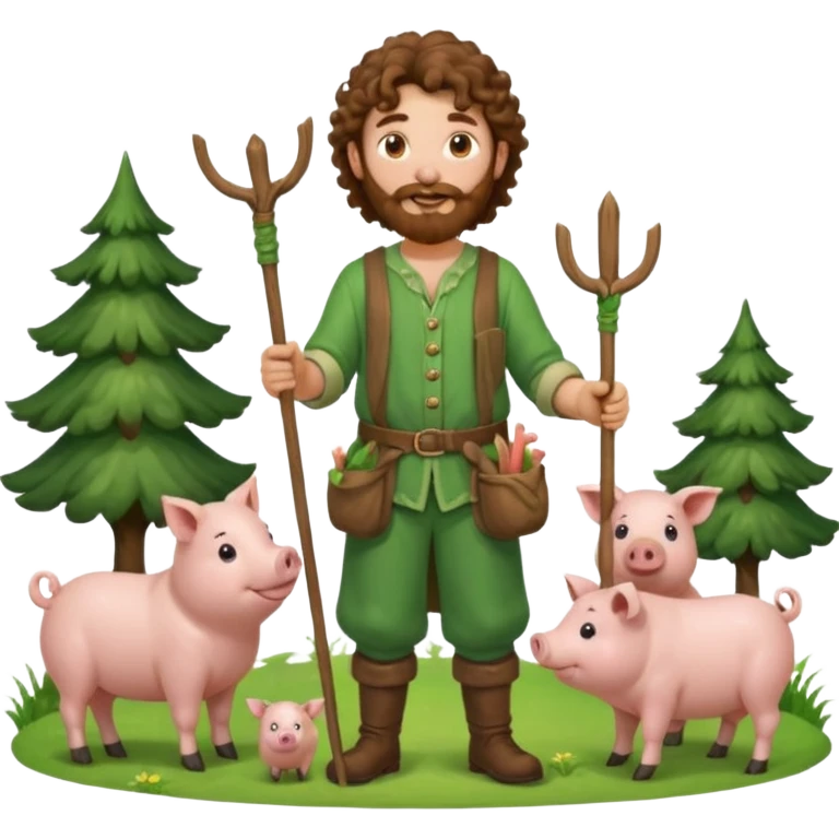 happy young shepard with long curly brown beard and long curly brown hair, in green magical outfit, with wooden shepard stick in hand, taking care of pigs emoji