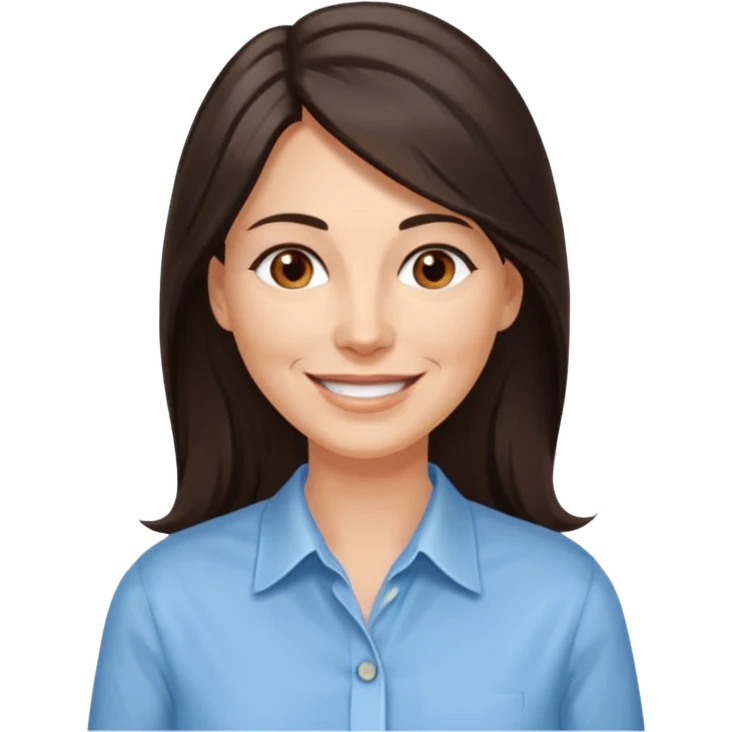 vit 50-årig kvinna med jättelångt mörkbrunt hår med vita slingor bruna ögon ljusblå skjorta med översta knappen uppknäppt emoji