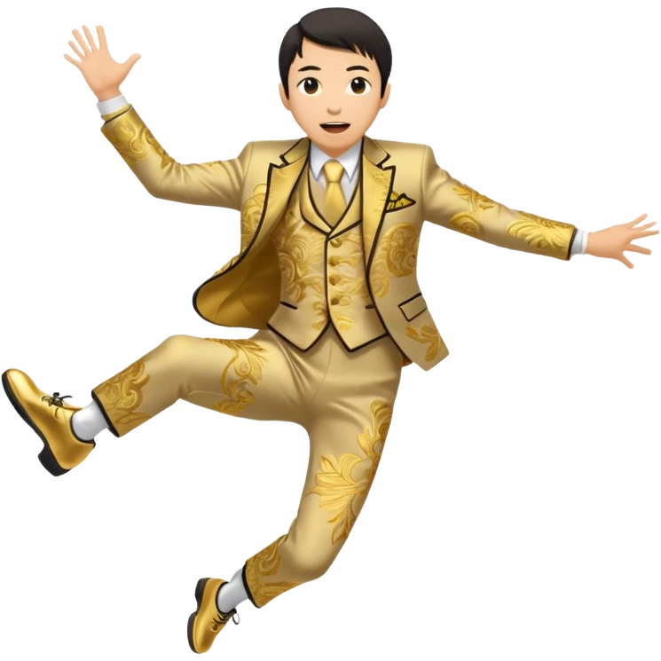 japanese yoshiro nakamatsu in crazy gold emroidered suit jumping in jumping shoes emoji