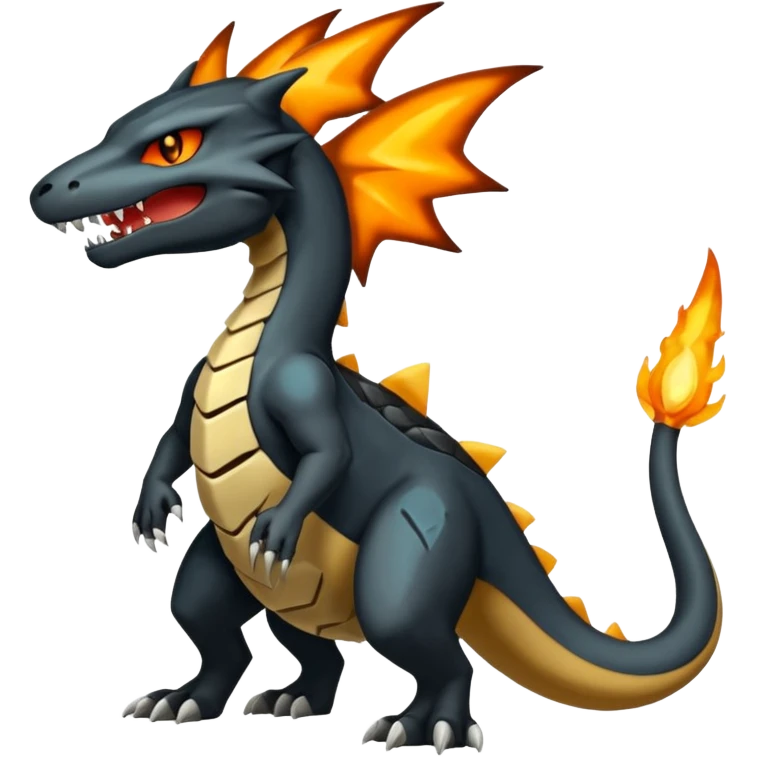 Magmatic fiery badass cool obsidian-Black and golden-orange Helioptile-Marowak-Salamence-Fakémon-hybrid-creature (full body)  emoji