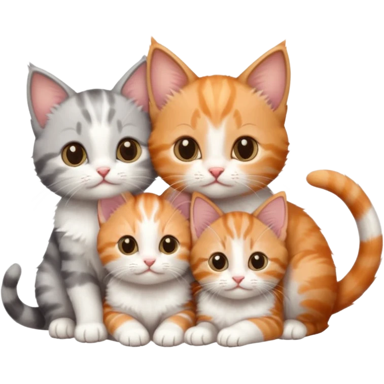 3 tiny kittens cuddling together all different colours, the first one is grey and white, the second is ginger and white and the third is brown tabby and white emoji