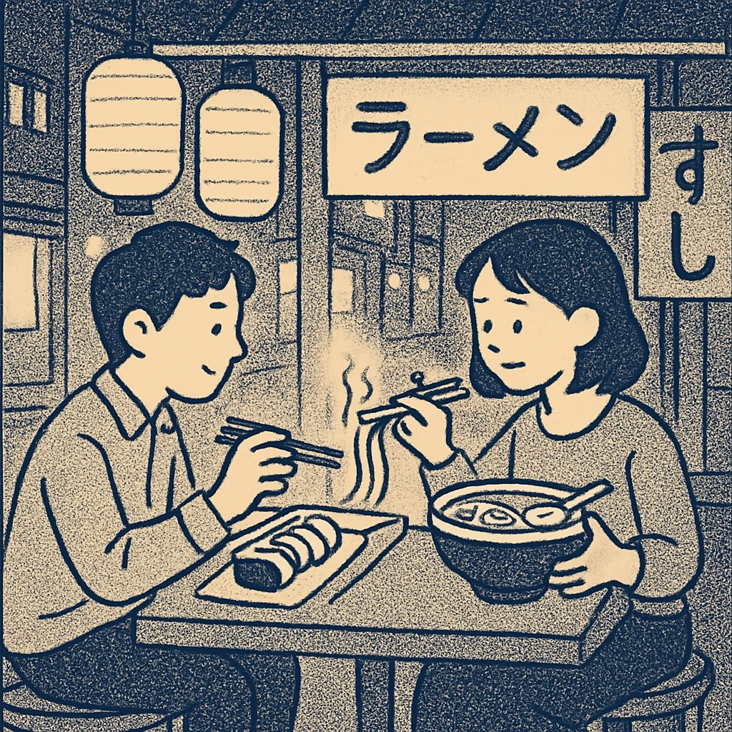 A couple sitting across from each other at a small table in a cozy Japanese street cafe, surrounded by warm lantern light, sharing sushi and ramen, with the bustling night street visible in the background emoji