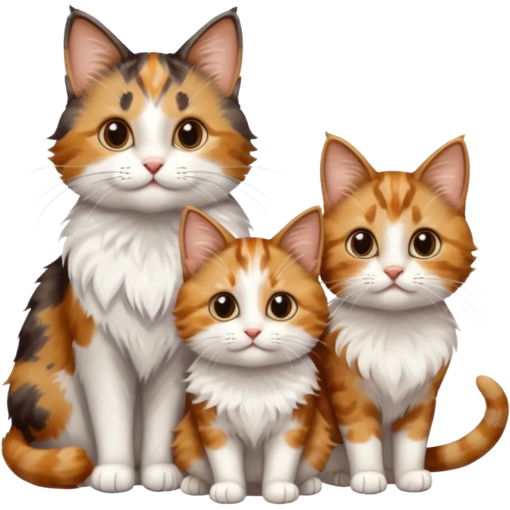 3 different coloured small cats including a dark brown tabby and white, and a patchy calico, and a ginger and white emoji