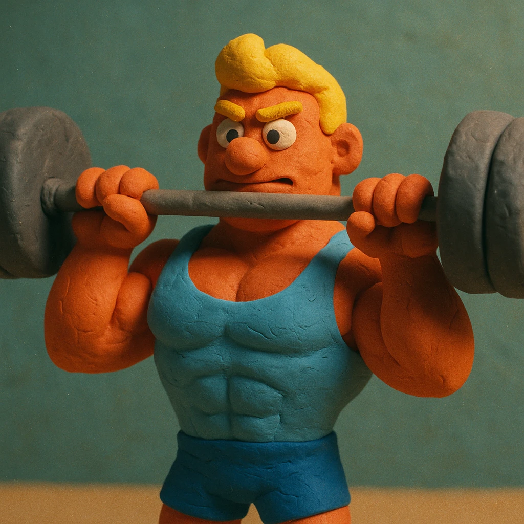 A muscular cartoon character lifting weights, matte and textured emoji