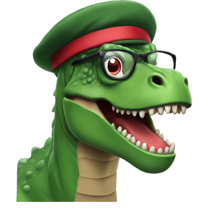 Mad Green Trex wearing red beret and eyeglasses  emoji