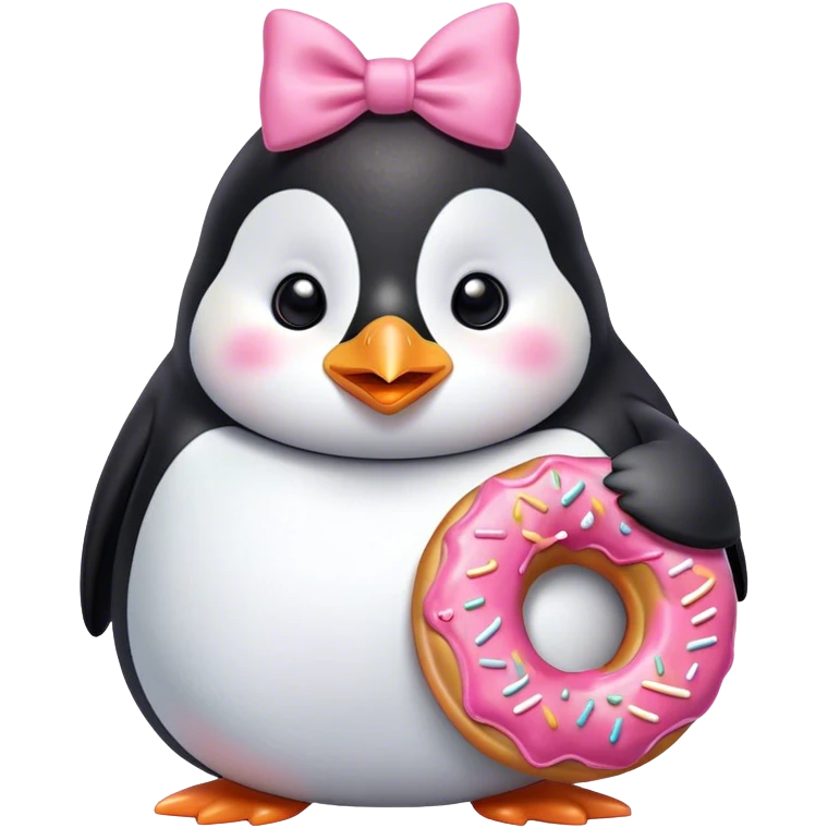 Cuddly, chubby cartoon penguin with a pink bow, eating a donut emoji