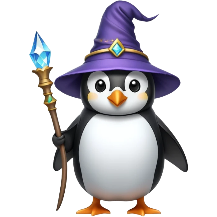 Penguin dressed as a wizard with a magical wand and pointy wizard hat emoji