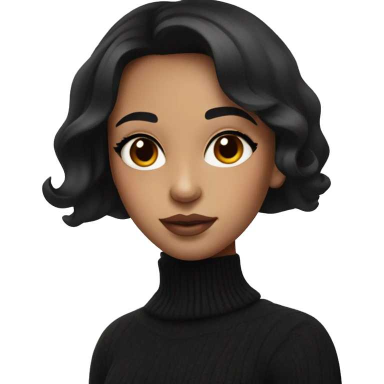 a girl with black hair and brown eyes is dressed in a black sweater with a cutout and nude makeup emoji