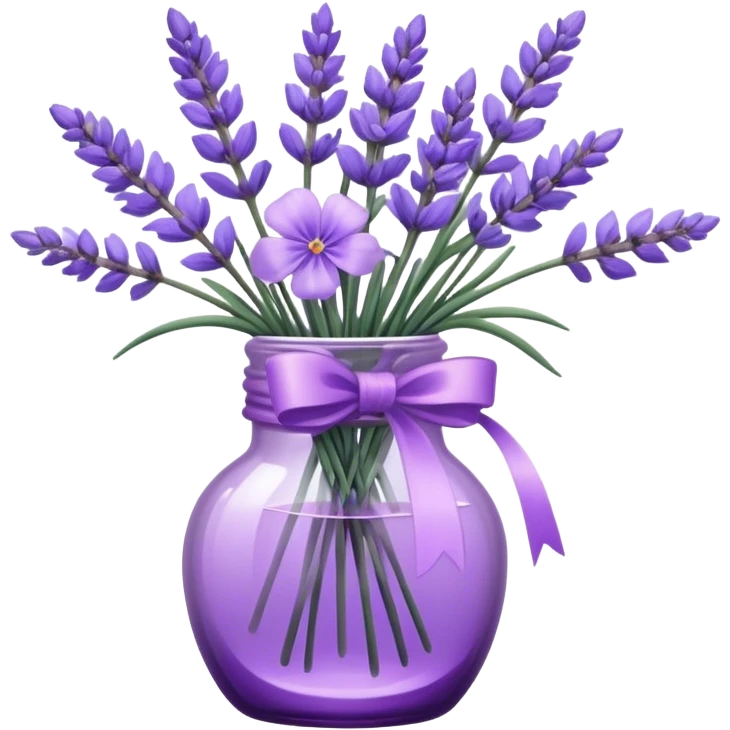 aesthetic bow in light purple , purple glass bottle and in it a beautiful bouquet of lavender emoji