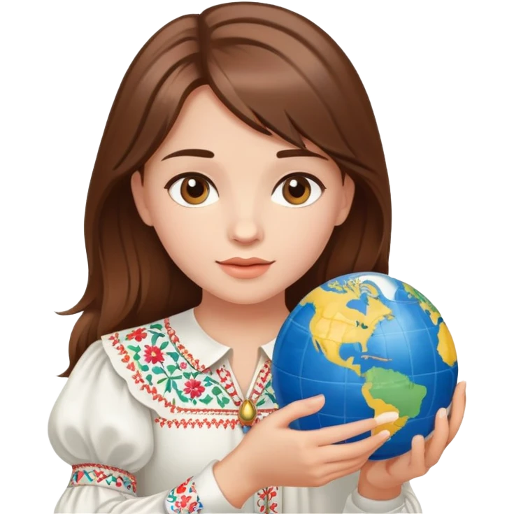 Beautiful young girl with brown hair wearing a white Ukrainian embroidered shirt holding a globe in her hand emoji