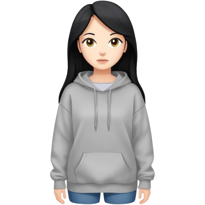 full-body female avatar, flat vector, long black hair, oversized sweatshirt, neutral background emoji
