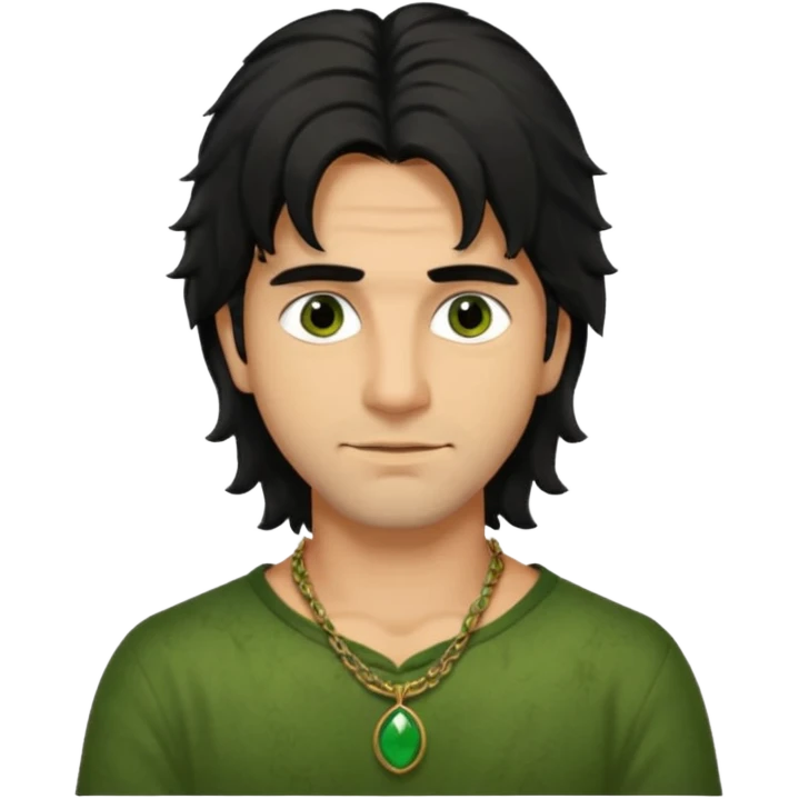 italian man with long black shaggy hair, brown eyes, green stained neck from necklace  emoji