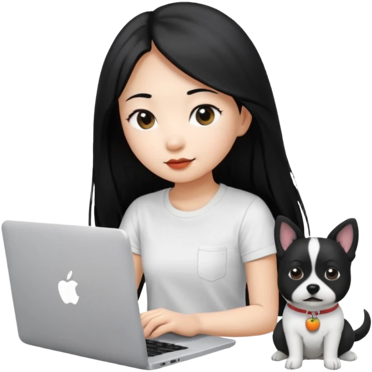 Blue back ground, Asian girl with long black hair , wearing a white t-shirt, working on an Apple laptop, next to her is a small black and white dog emoji