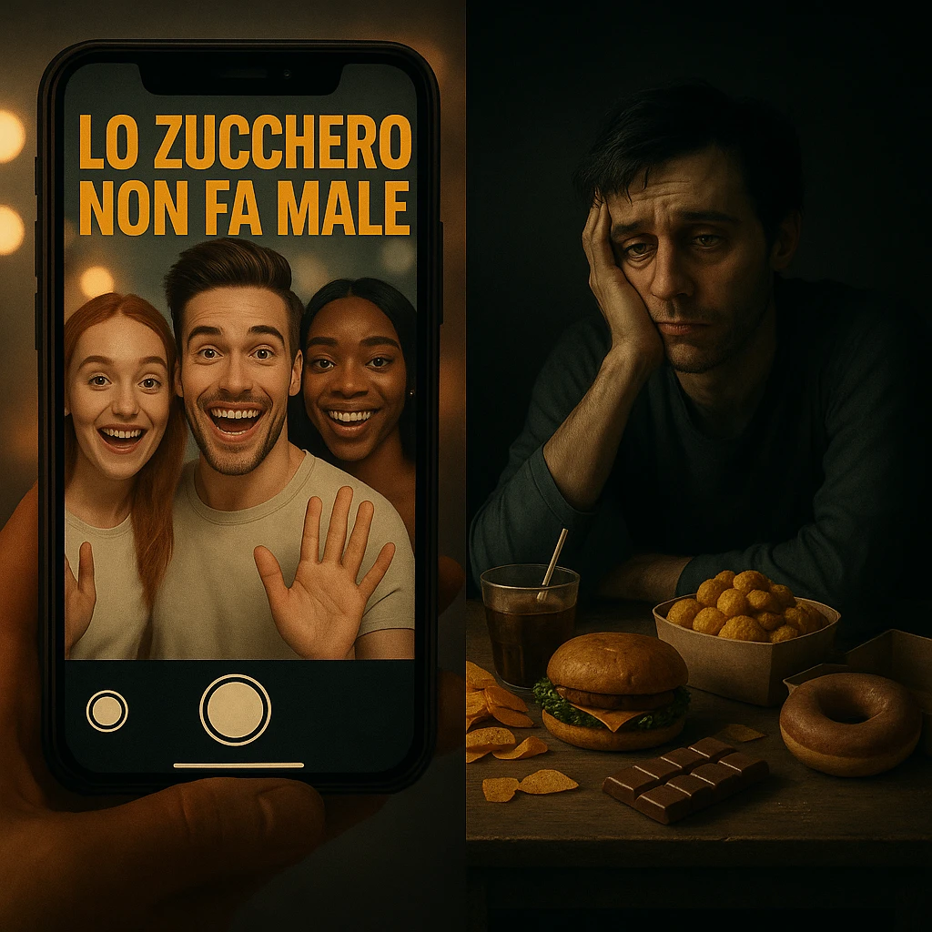 Symbolic split-screen: smiling influencers on a smartphone say in Italian 'LO ZUCCHERO NON FA MALE' with bright lights and filters; on the other side, a lonely and tired person surrounded by junk food, muted tones and deep shadows. Contrast between social media and reality, cinematic style, 4K quality. emoji