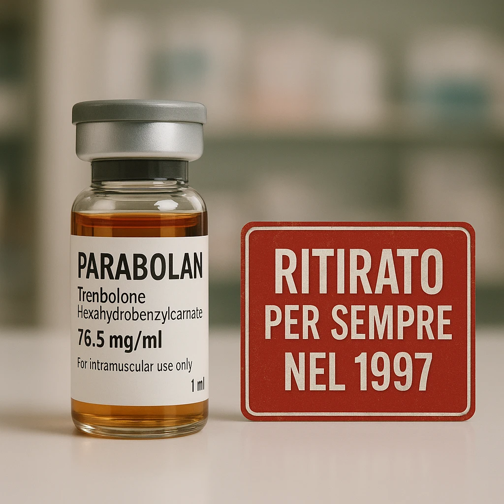 realistic image of a Parabolan vial with a readable label, next to a red sign or stamp with the text 'Ritirato per sempre nel 1997', serious atmosphere, realistic details, neutral or blurred pharmacy background emoji