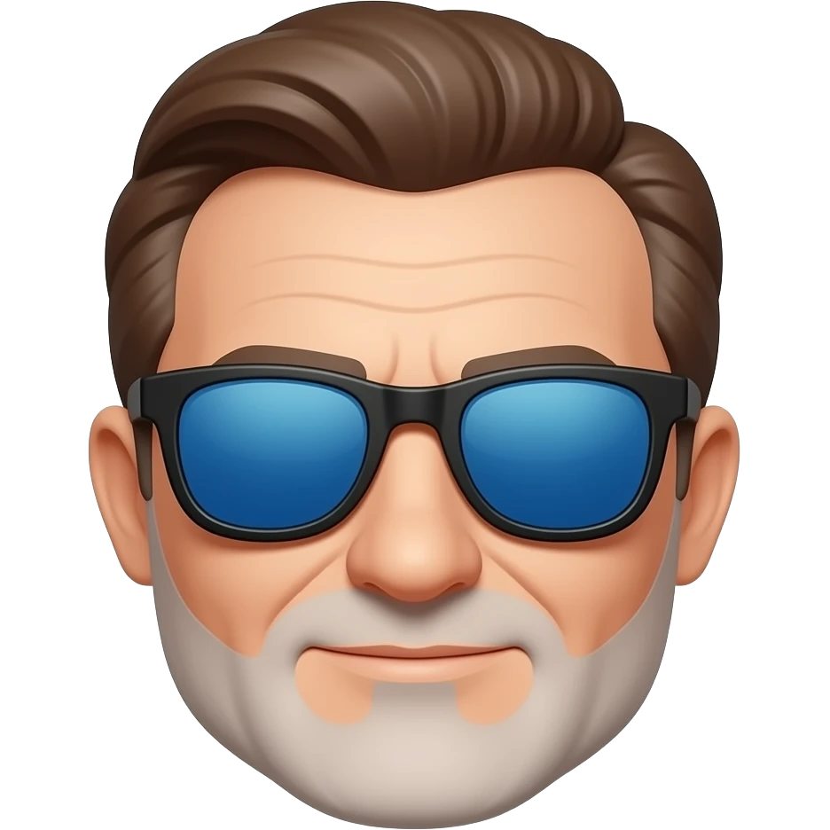 Hombre 60 años pelo marrón con canas gafas de sol cristales azules azules que no se vean  los ojos con montura negra y barba blanca muy corta emoji