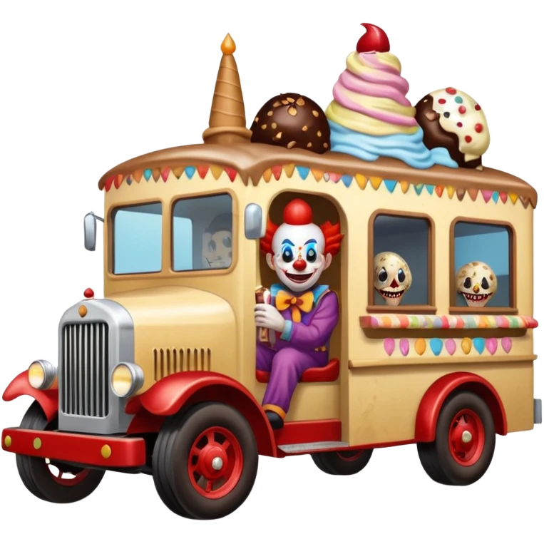 Crazy killer Clown’s Jenkins 4wd monster 1924 freight liner racing ice cream with chocolate, nuts and sprinkles dream house food truck  emoji