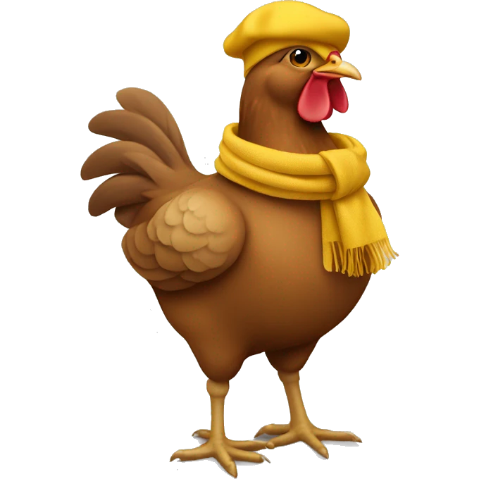 Brown hen showing full body wearing a mustard yellow scarf and mustard yellow beret emoji