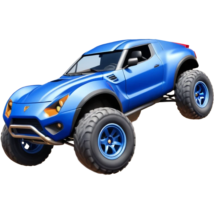 Satan’s (post race) ultra blue wide body Dirty and dented Local Motors Rally Fighter off road race car hot rod flying turning a tight corner (silver wheels) emoji