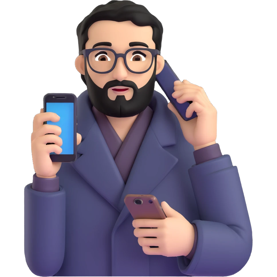 professional man with medium black beard, black hair combed to one side, connected unibrow, olive tan skin, brown eyes, glasses, prominent nose, wearing black coat, holding smartphone to ear in calling position, with subtle office background emoji