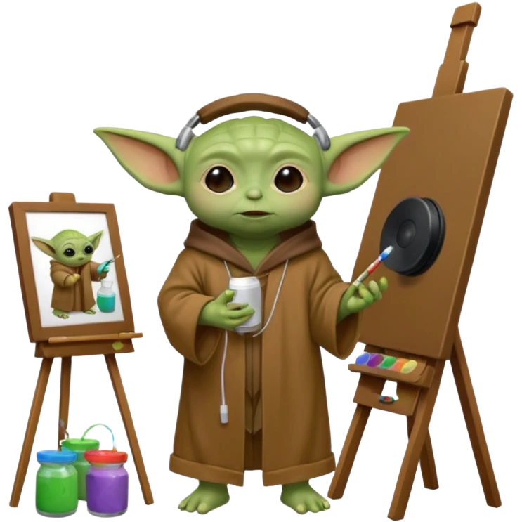 Baby Yoda in his brown robe listening music on his headphones, painting a picture on an easel and surrounded by paint pots. emoji
