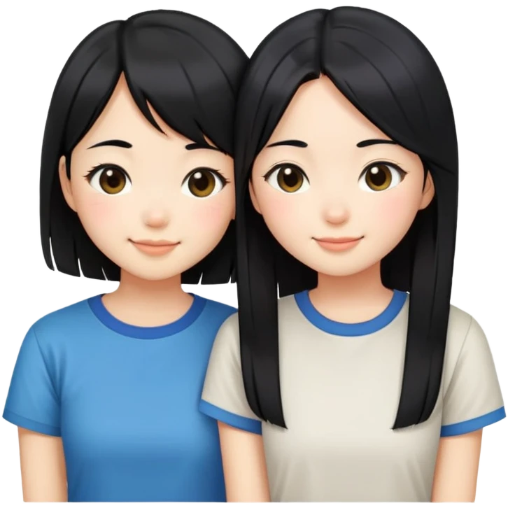 Two cute Japanese girls with straight black hair wearing modern Western clothes like t-shirts, faces pressed together cheek to cheek, smiling happily emoji