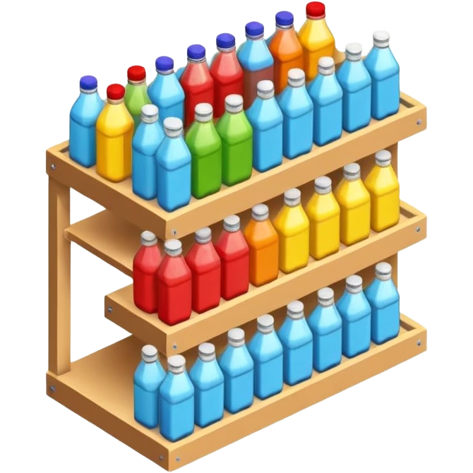 3D warehouse shelf with drinks bottles and products, 
organized retail shelves, colorful product packages, store inventory, 
transparent background, emoji style, realistic, isometric view emoji