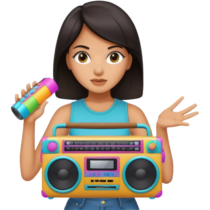 dar hair woman holding colorful boombox emoji