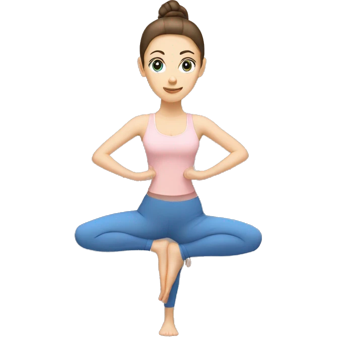 A White woman with blue eyes and brunette hair in a high ponytail doing yoga in beige and light pink emoji
