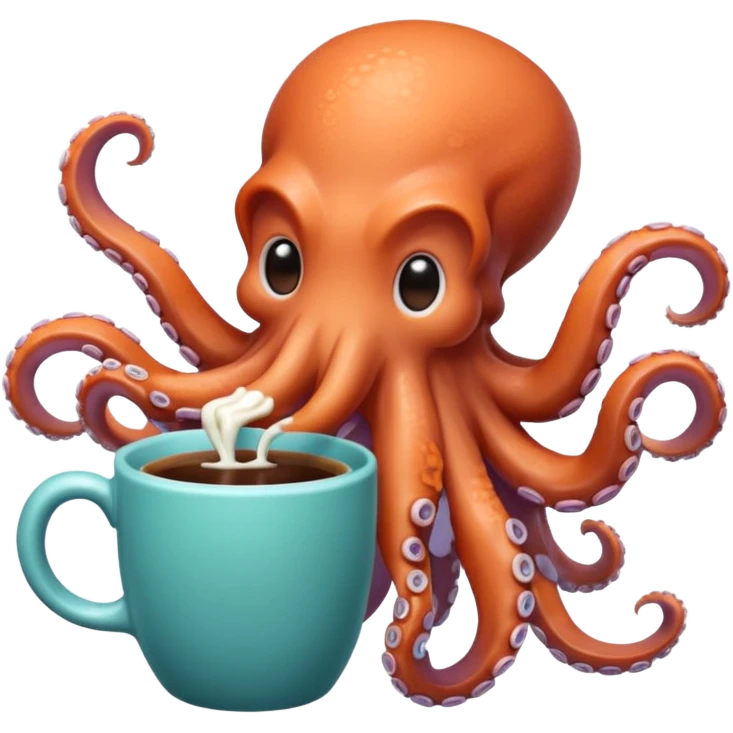 A cute chibi octopus sitting at a tiny desk, typing on a miniature keyboard with all eight arms while sipping coffee from a giant mug. Vibrant pastel colors, rounded edges, extremely expressive, sticker-style, transparent background. emoji