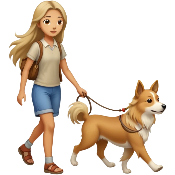 A long-haired girl walking a Chinese rural dog emoji