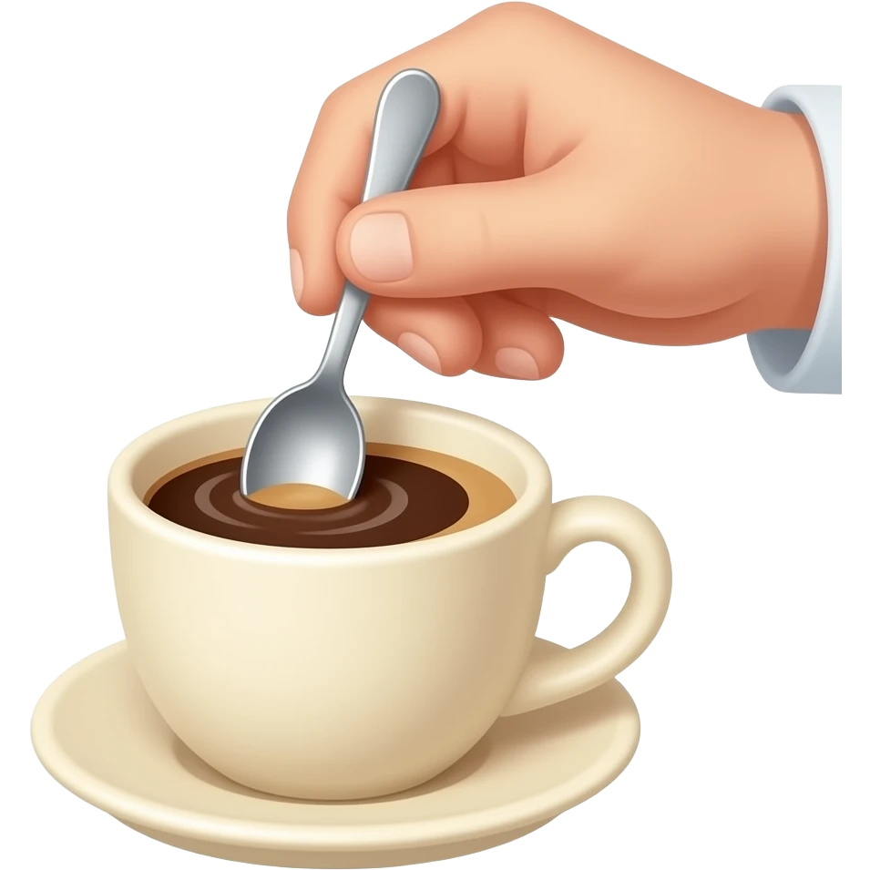 Minimal emoji-style illustration of a person stirring coffee in a cup with a small spoon. A hand holding the spoon inside the cup, visible swirling motion in the coffee. The cup is light beige (off-white / creamy tone). emoji
