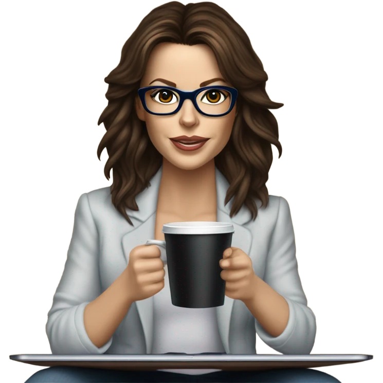 Hyper Realistic Kate Beckinsale dark blue eyes wearing glasses drinking coffee at a laptop  emoji