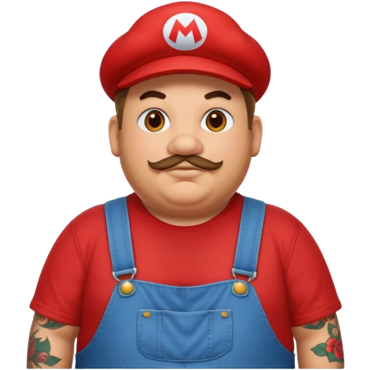 Fat guy with tattoos in overalls and a red shirt with a Mario hat emoji