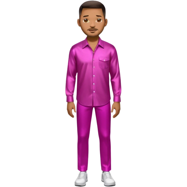 Will Smith with dark brown hair, metallic fuchsia dress shirt, metallic white pants emoji