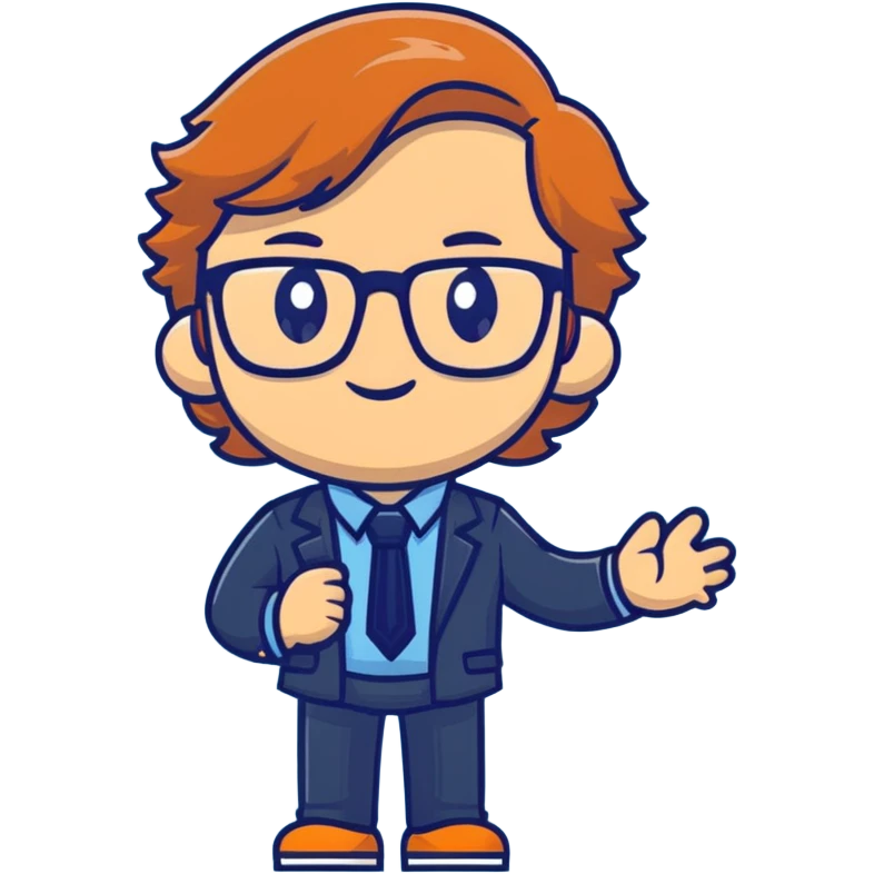 Professional economics channel mascot with shoulder-length wavy light brown hair, rectangular glasses, navy blazer, light blue shirt, empty hands, confident stance emoji