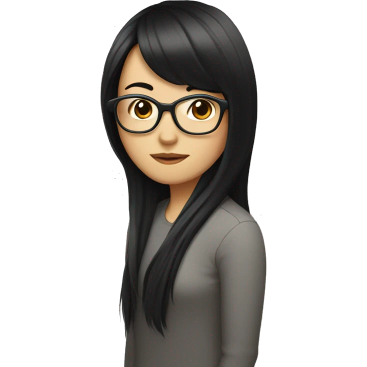 asian girl long black hair with glasses and curtain bangs with a computer emoji