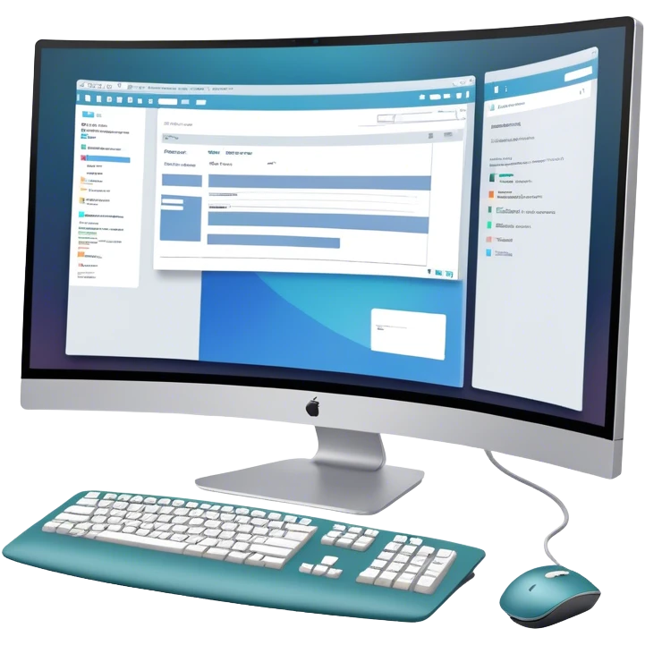 Create an emoji for UX/UI design. Show large curved monitor displaying windows with UX/UI design HTML program interface. Include a mouse, keyboard, and stylus next to the screens. Use modern, professional colors. Do not include any emojis or smiley faces. Make the background transparent. emoji