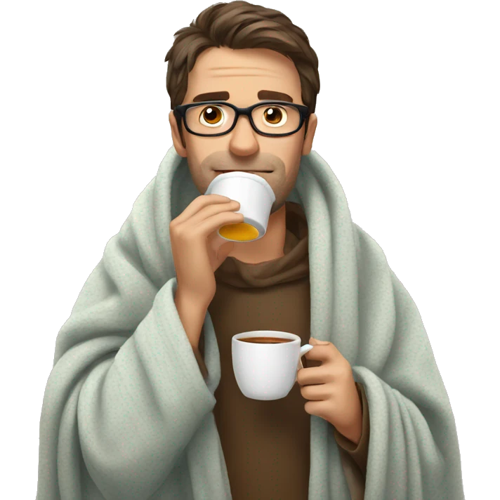 a guy in glasses drinking tea in a blanket emoji
