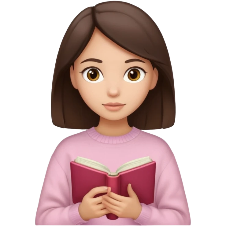 Pretty brown eyed brunette girl with light pink sweater reading cozy emoji