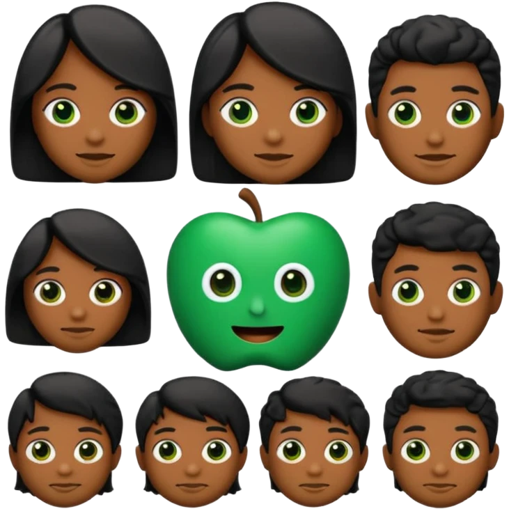 Crie um Memoji/emoji em estilo 3D, com pele verde, expressão assustada, olhos grandes castanhos, sem óculos. Cabelo curto e cacheado, bagunçado, de cor preta. Inclua pequenos detalhes como marcas sutis no rosto, mantendo o estilo cartoon da Apple. Use iluminação suave e fundo branco. emoji